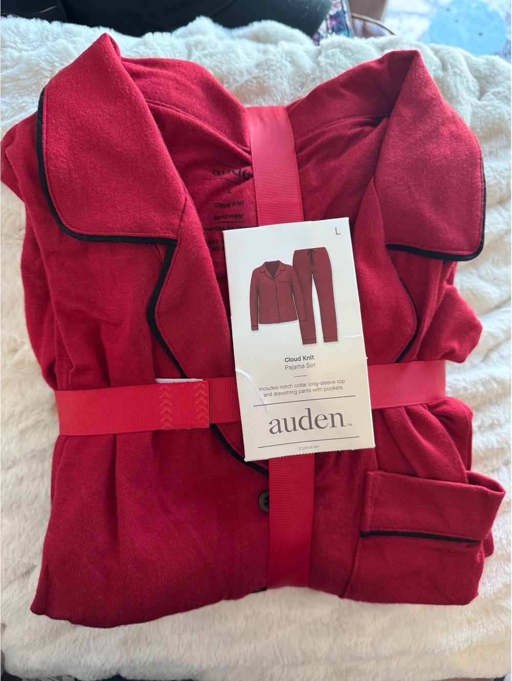 Auden Cloud Knit Pajama Set Women’s Large Red Black Piping 2 Piece NWT